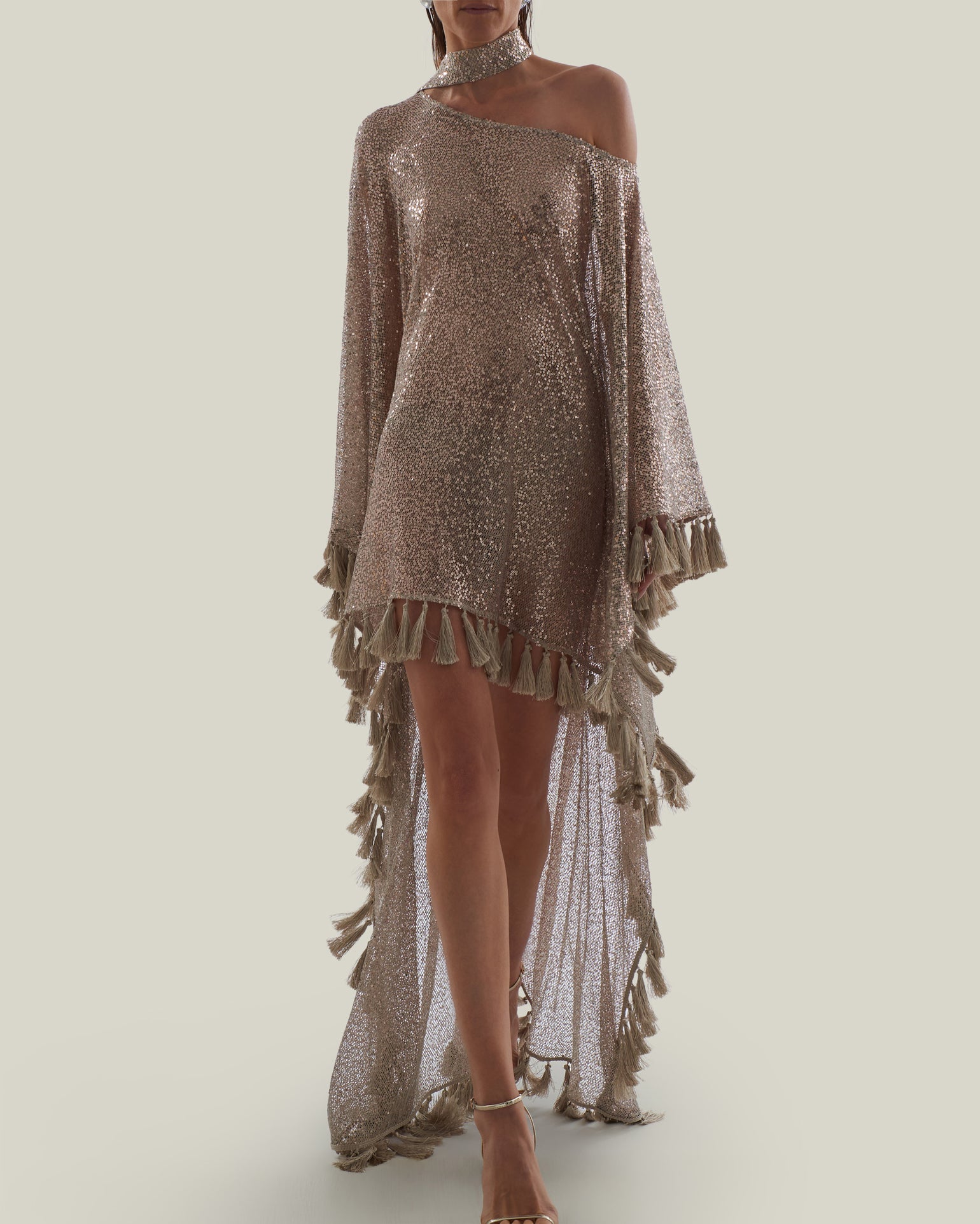 Fringed Trebbia Disco Kaftan in White Sand - Sequined net one shoulder dress with scarf