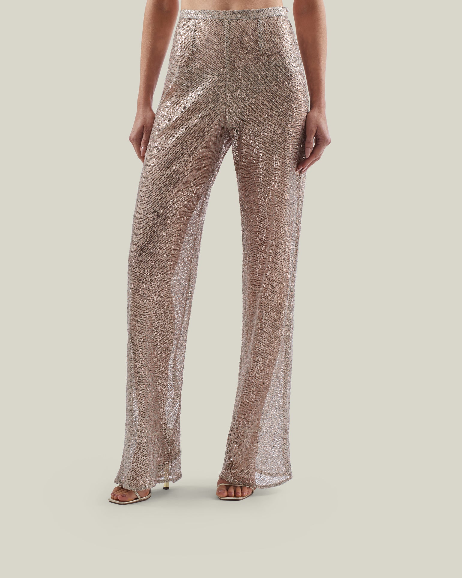 Marlene Disco Pants in White Sand - Sequined net palazzo pants 