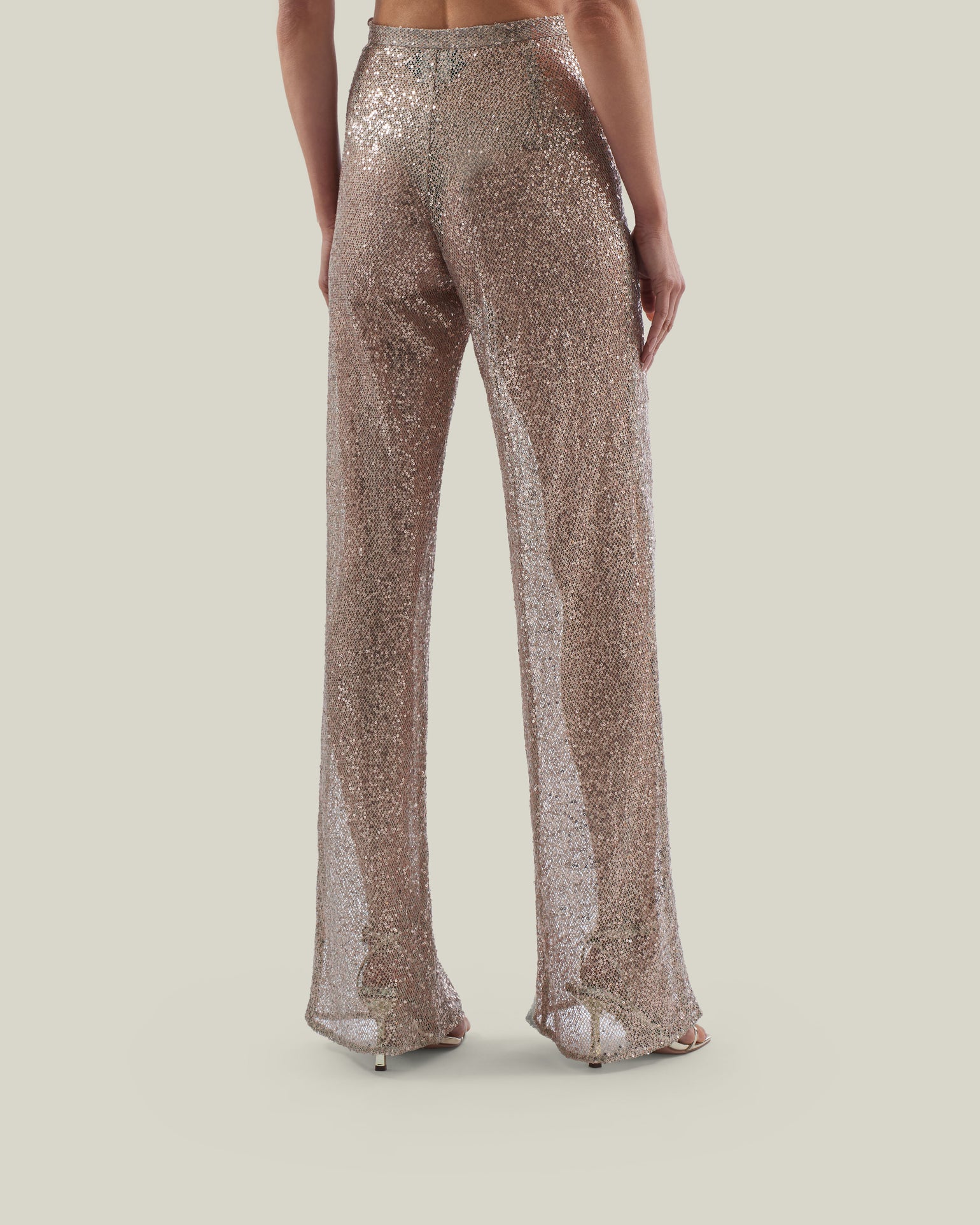 Marlene Disco Pants in White Sand - Sequined net palazzo pants 