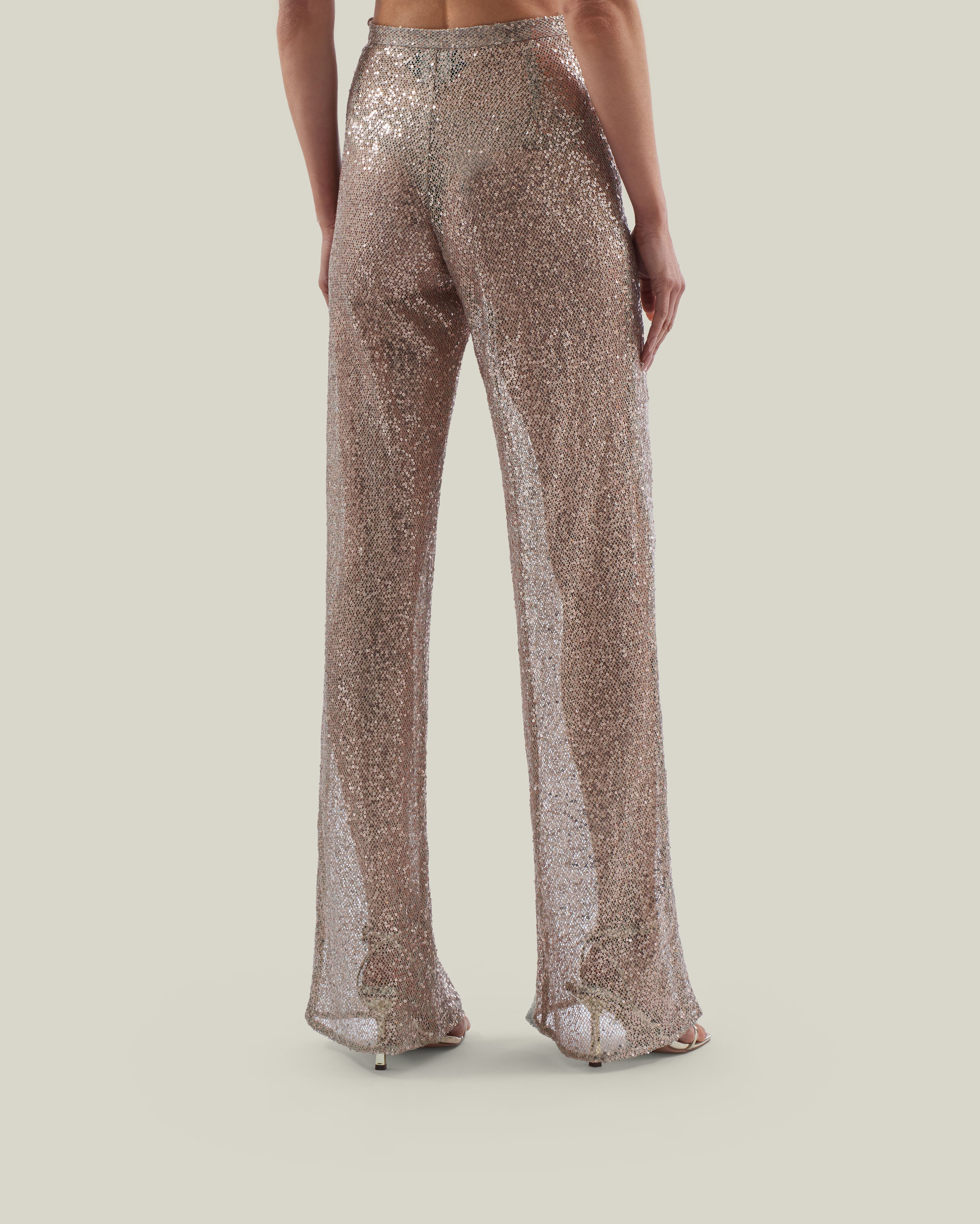 Marlene Disco Pants in White Sand - Sequined net palazzo pants 