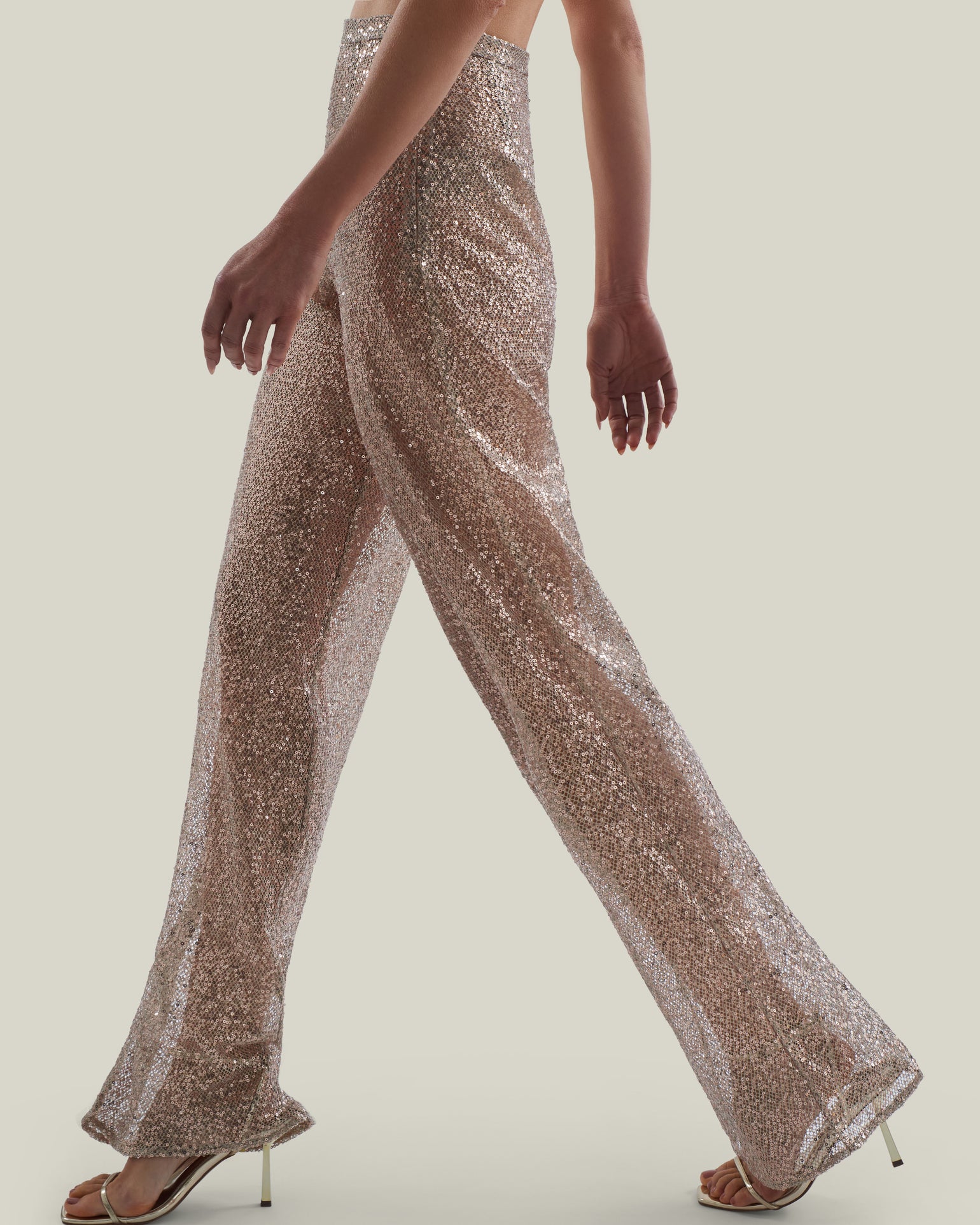 Marlene Disco Pants in White Sand - Sequined net palazzo pants 