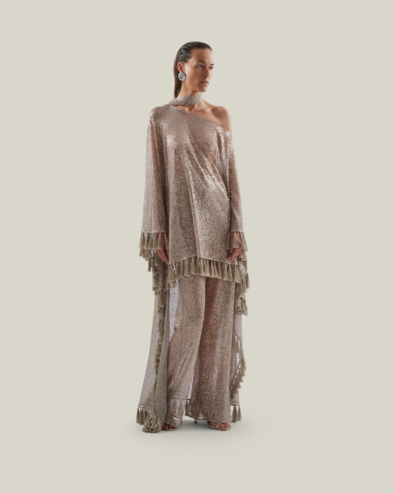 Marlene Disco Pants in White Sand - Sequined net palazzo pants 