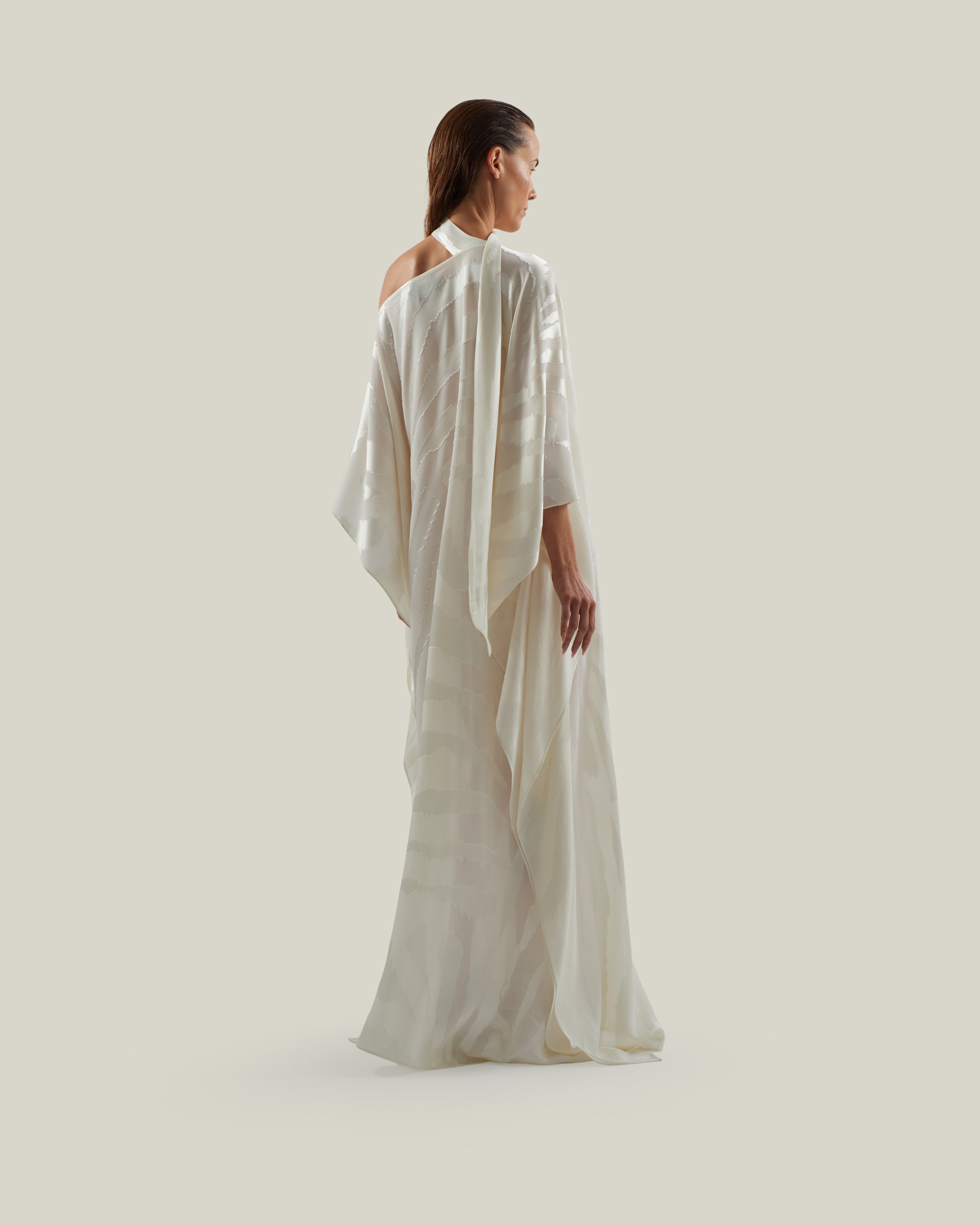Streep Kaftan in Ivory - Zebra motif fil coupè cold shoulder maxi kaftan with scarf