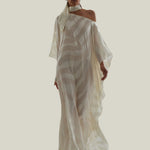 Streep Kaftan in Ivory - Zebra motif fil coupè cold shoulder maxi kaftan with scarf