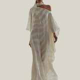 Streep Kaftan in Ivory - Zebra motif fil coupè cold shoulder maxi kaftan with scarf