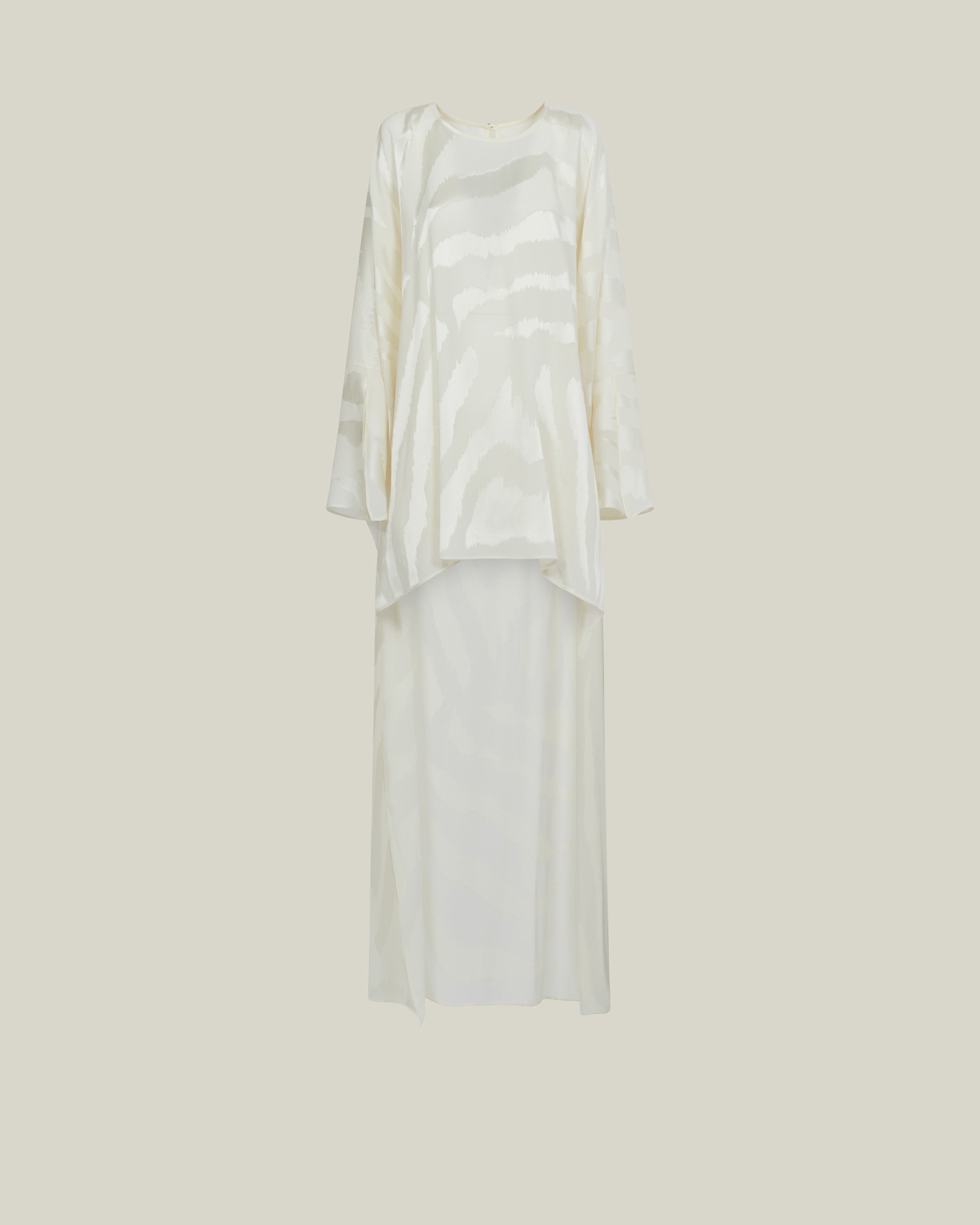 Thar Kaftan in Ivory - Zebra motif fil coupè high-low hem short kaftan with cuffs