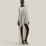 Thar Kaftan in Ivory - Zebra motif fil coupè high-low hem short kaftan with cuffs