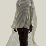 Thar Kaftan in Ivory - Zebra motif fil coupè high-low hem short kaftan with cuffs