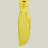 Grand Sahara Swimsuit in Acid Yellow - Laced-up plunge neckline swimsuit and dettached maxi pareo set
