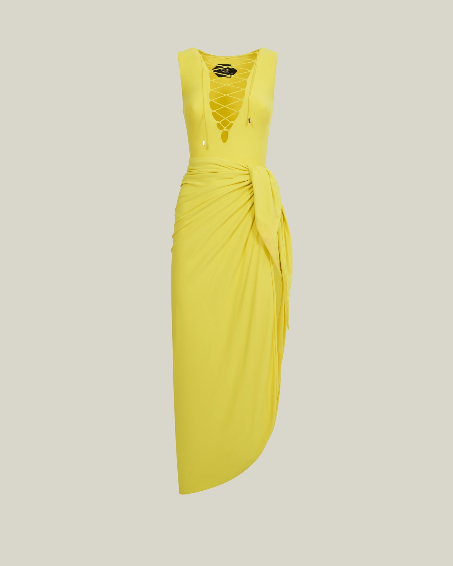 Grand Sahara Swimsuit in Acid Yellow - Laced-up plunge neckline swimsuit and dettached maxi pareo set