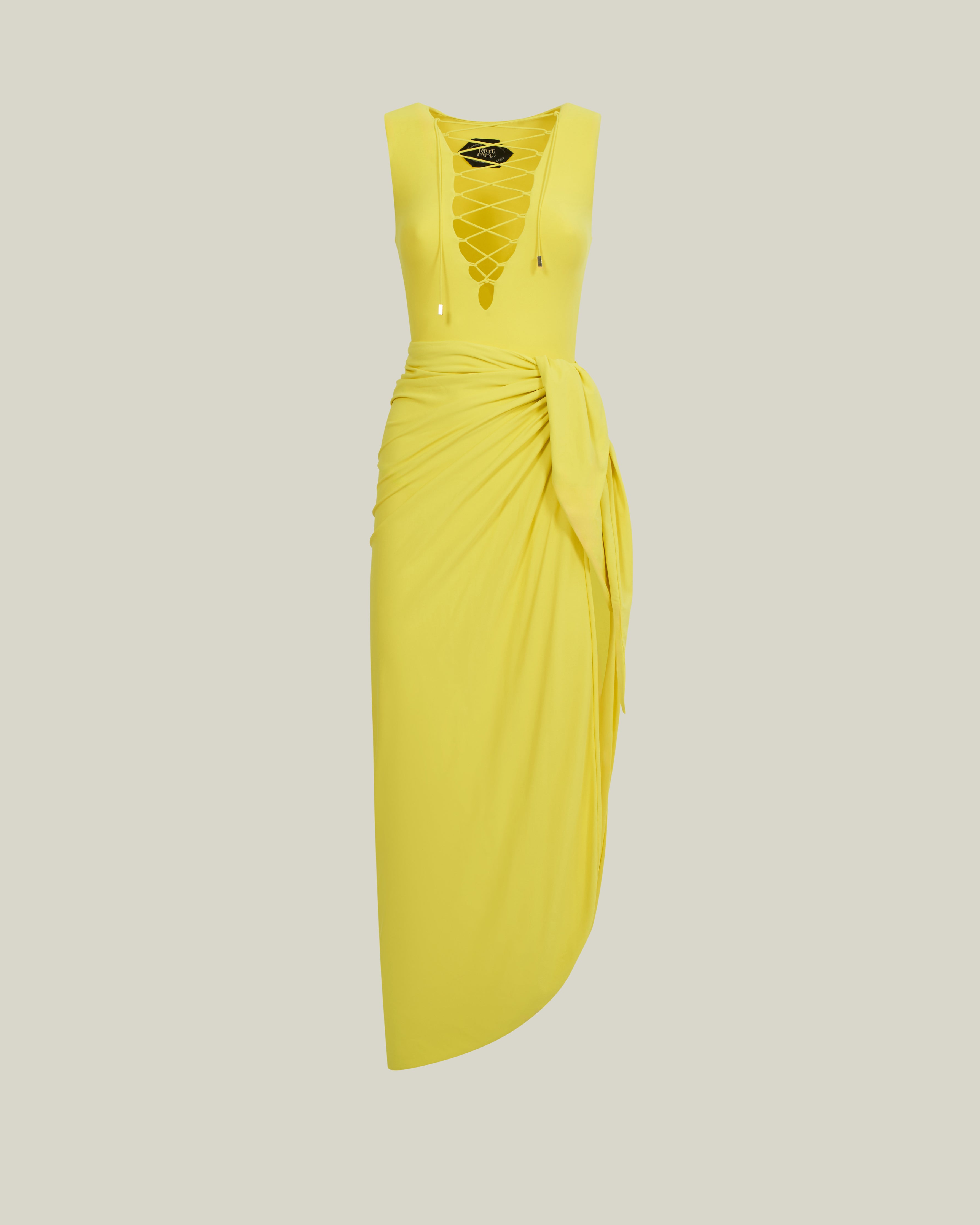 Grand Sahara Swimsuit in Acid Yellow - Laced-up plunge neckline swimsuit and dettached maxi pareo set