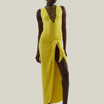 Grand Sahara Swimsuit in Acid Yellow - Laced-up plunge neckline swimsuit and dettached maxi pareo set