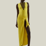 Grand Sahara Swimsuit in Acid Yellow - Laced-up plunge neckline swimsuit and dettached maxi pareo set