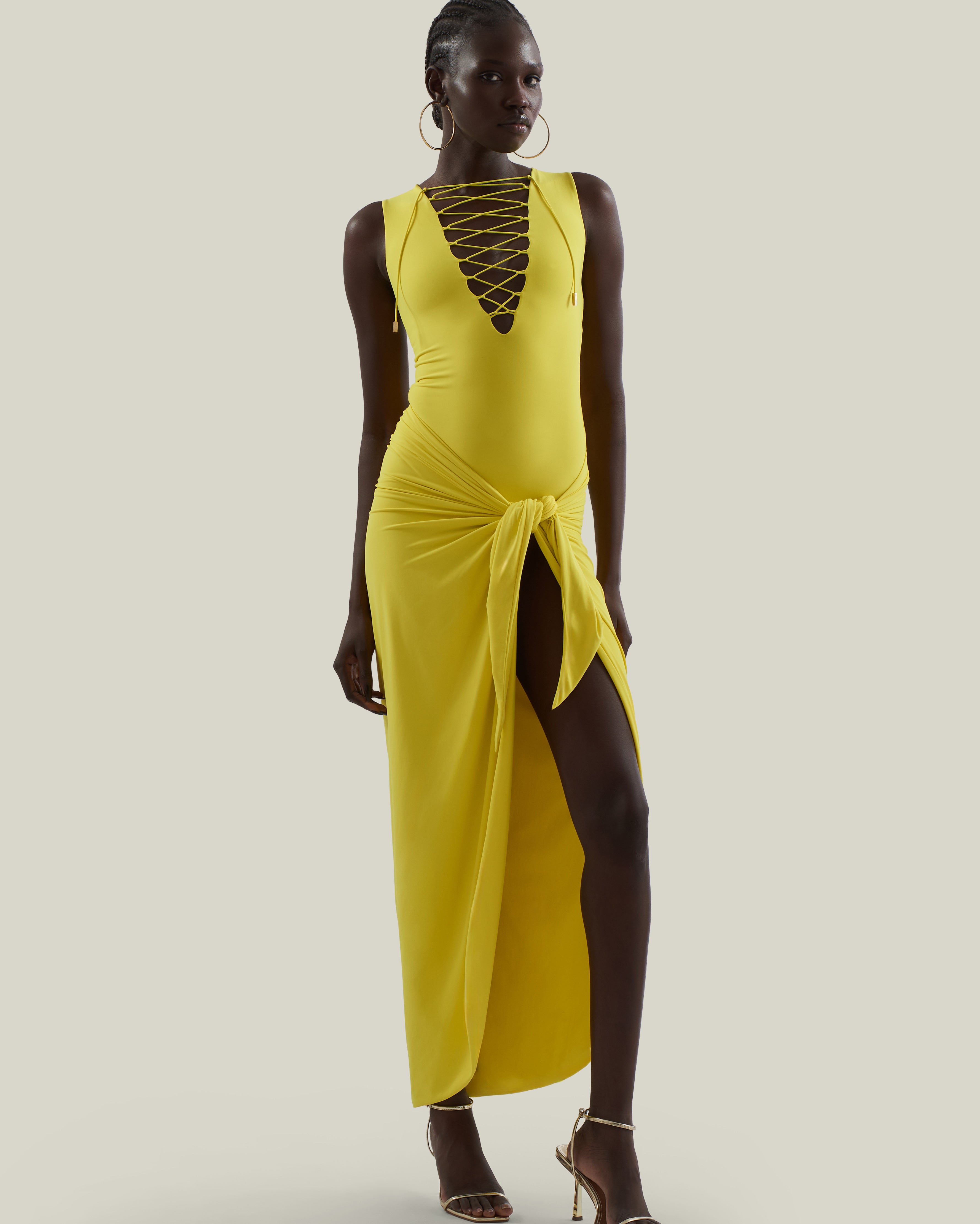 Grand Sahara Swimsuit in Acid Yellow - Laced-up plunge neckline swimsuit and dettached maxi pareo set