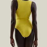 Grand Sahara Swimsuit in Acid Yellow - Laced-up plunge neckline swimsuit and dettached maxi pareo set