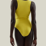 Grand Sahara Swimsuit in Acid Yellow - Laced-up plunge neckline swimsuit and dettached maxi pareo set