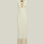Sahara Dress in Ivory - Laced-up plunge neckline dress with hand-tied fringed hem and side slit