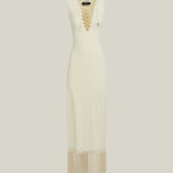 Sahara Dress in Ivory - Laced-up plunge neckline dress with hand-tied fringed hem and side slit