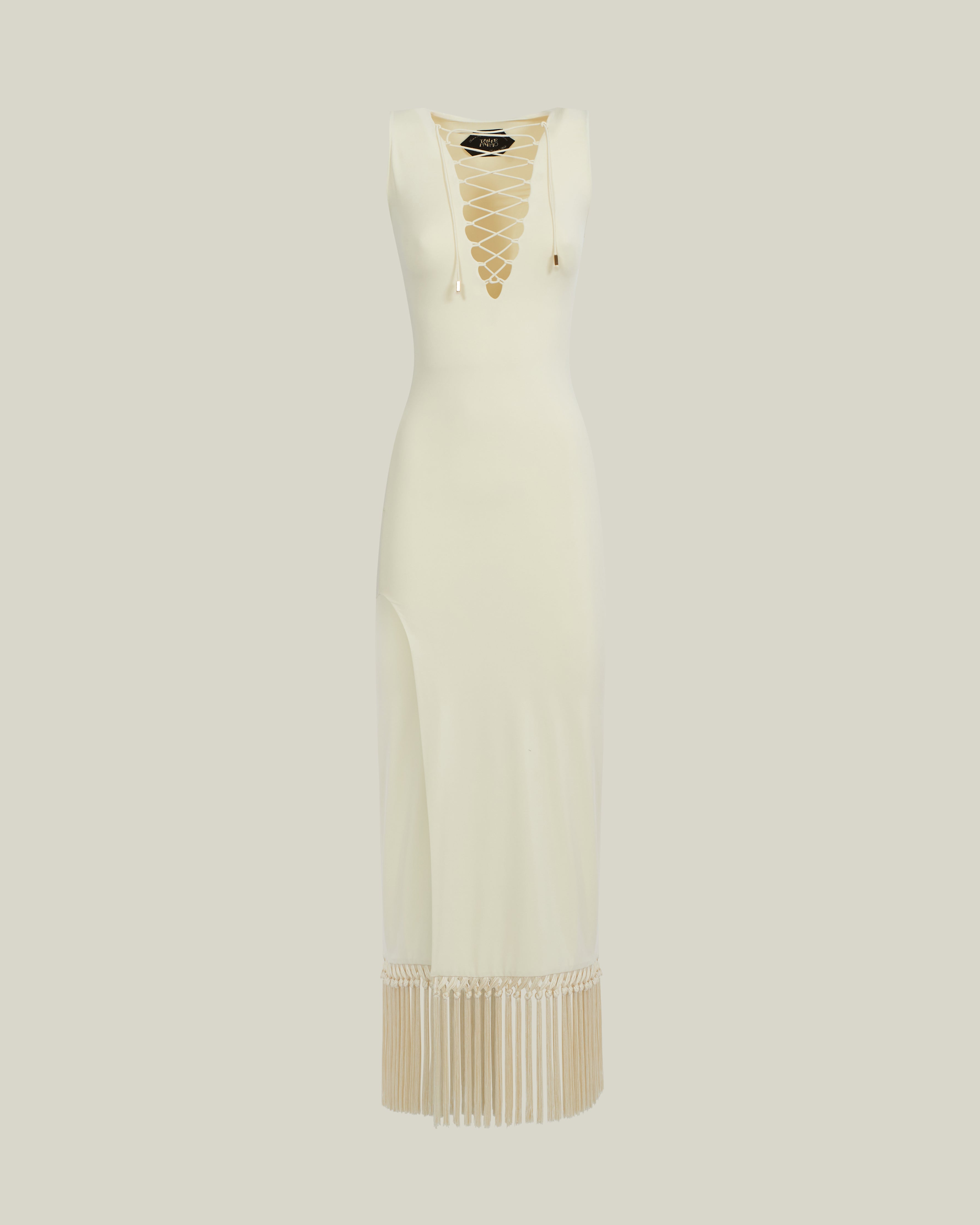 Sahara Dress in Ivory - Laced-up plunge neckline dress with hand-tied fringed hem and side slit