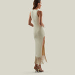 Sahara Dress in Ivory - Laced-up plunge neckline dress with hand-tied fringed hem and side slit