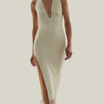 Sahara Dress in Ivory - Laced-up plunge neckline dress with hand-tied fringed hem and side slit