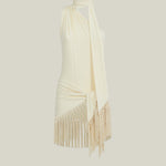 Siwa Swimsuit in Ivory - Gathered one shoulder swimsuit with scarf and dettached hand-tied fringe-trimmed mini pareo set