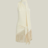 Siwa Swimsuit in Ivory - Gathered one shoulder swimsuit with scarf and dettached hand-tied fringe-trimmed mini pareo set