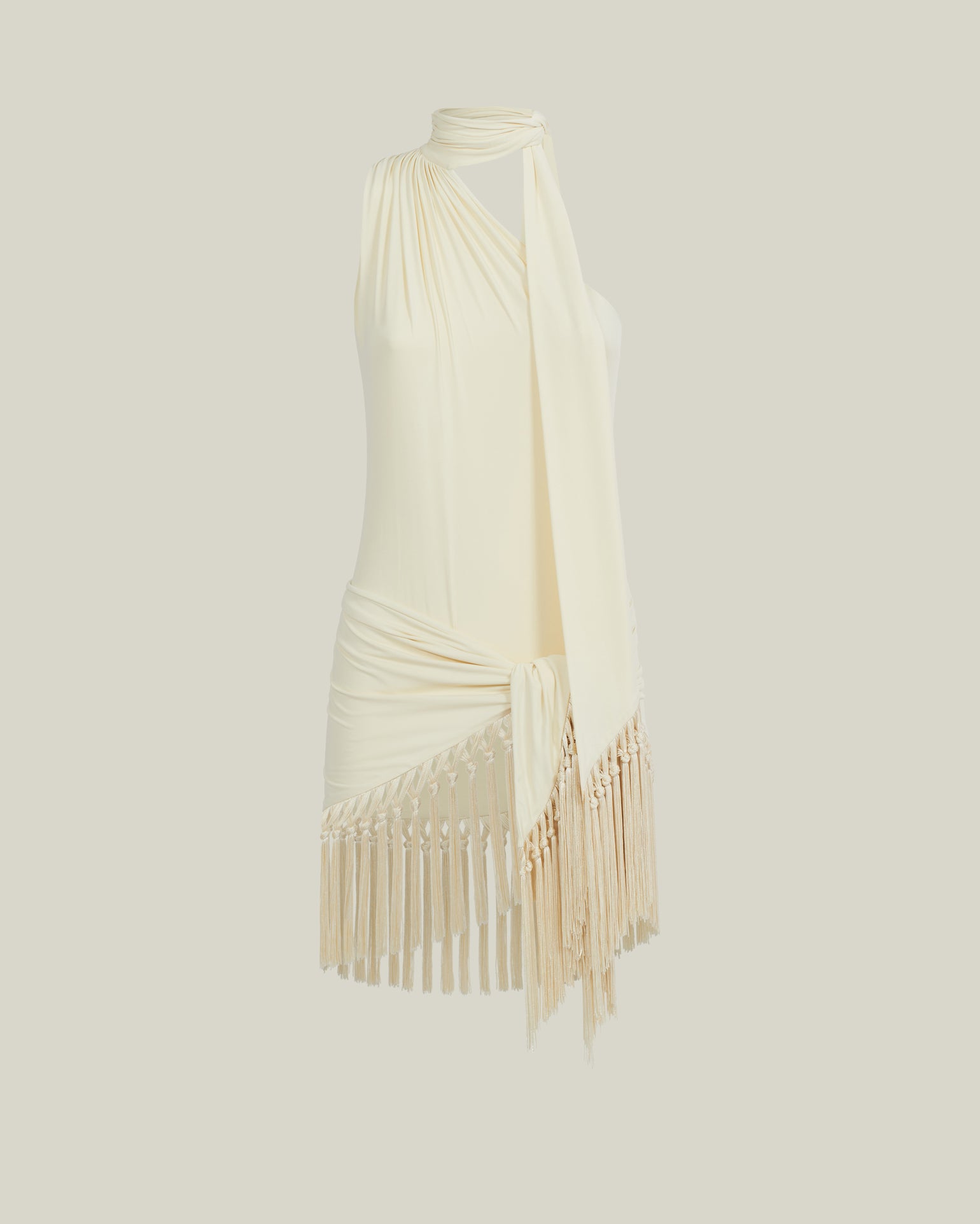 Siwa Swimsuit in Ivory - Gathered one shoulder swimsuit with scarf and dettached hand-tied fringe-trimmed mini pareo set