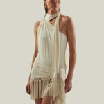 Siwa Swimsuit in Ivory - Gathered one shoulder swimsuit with scarf and dettached hand-tied fringe-trimmed mini pareo set
