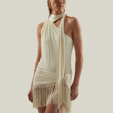 Siwa Swimsuit in Ivory - Gathered one shoulder swimsuit with scarf and dettached hand-tied fringe-trimmed mini pareo set
