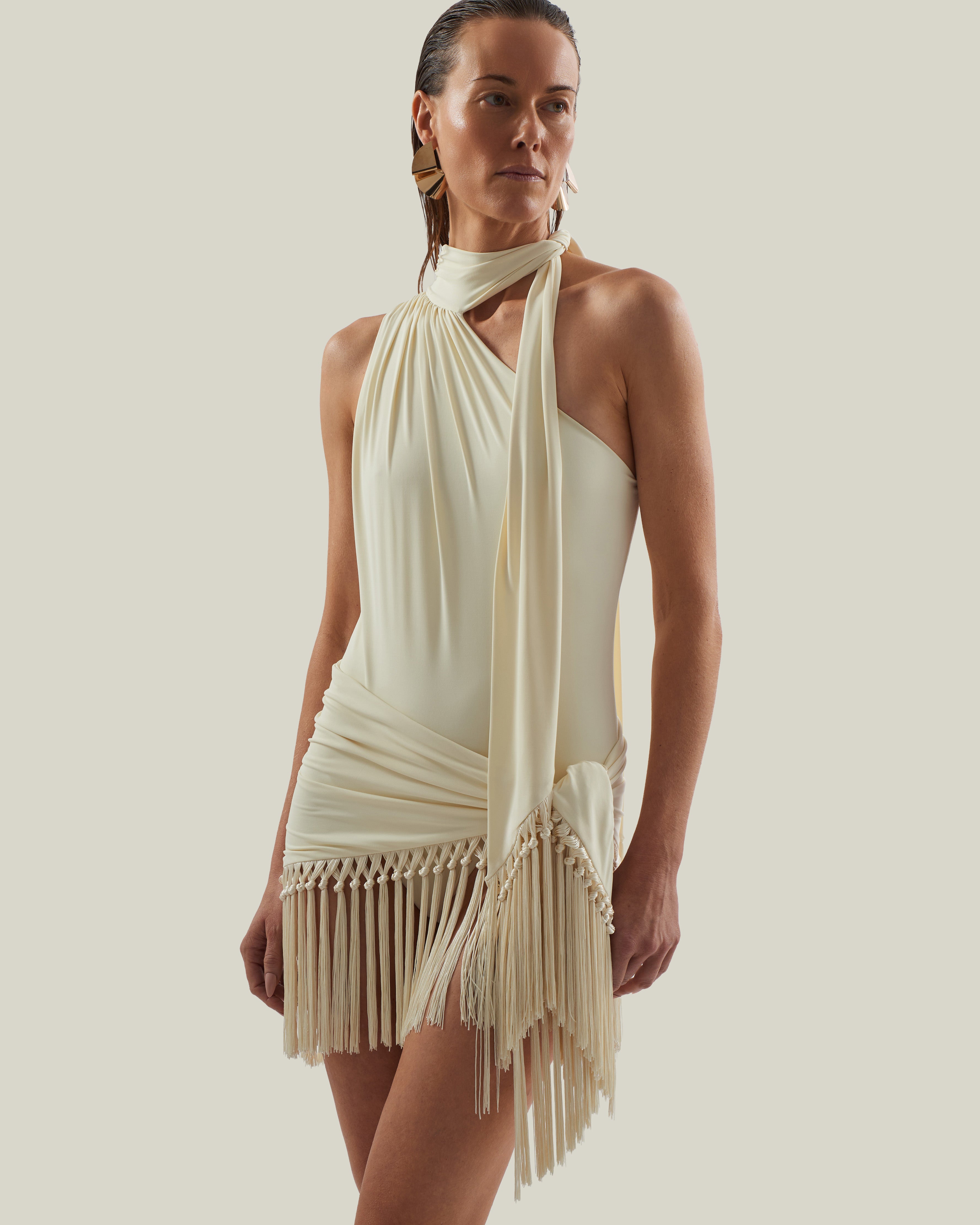 Siwa Swimsuit in Ivory - Gathered one shoulder swimsuit with scarf and dettached hand-tied fringe-trimmed mini pareo set