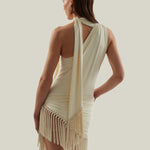 Siwa Swimsuit in Ivory - Gathered one shoulder swimsuit with scarf and dettached hand-tied fringe-trimmed mini pareo set