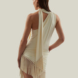 Siwa Swimsuit in Ivory - Gathered one shoulder swimsuit with scarf and dettached hand-tied fringe-trimmed mini pareo set