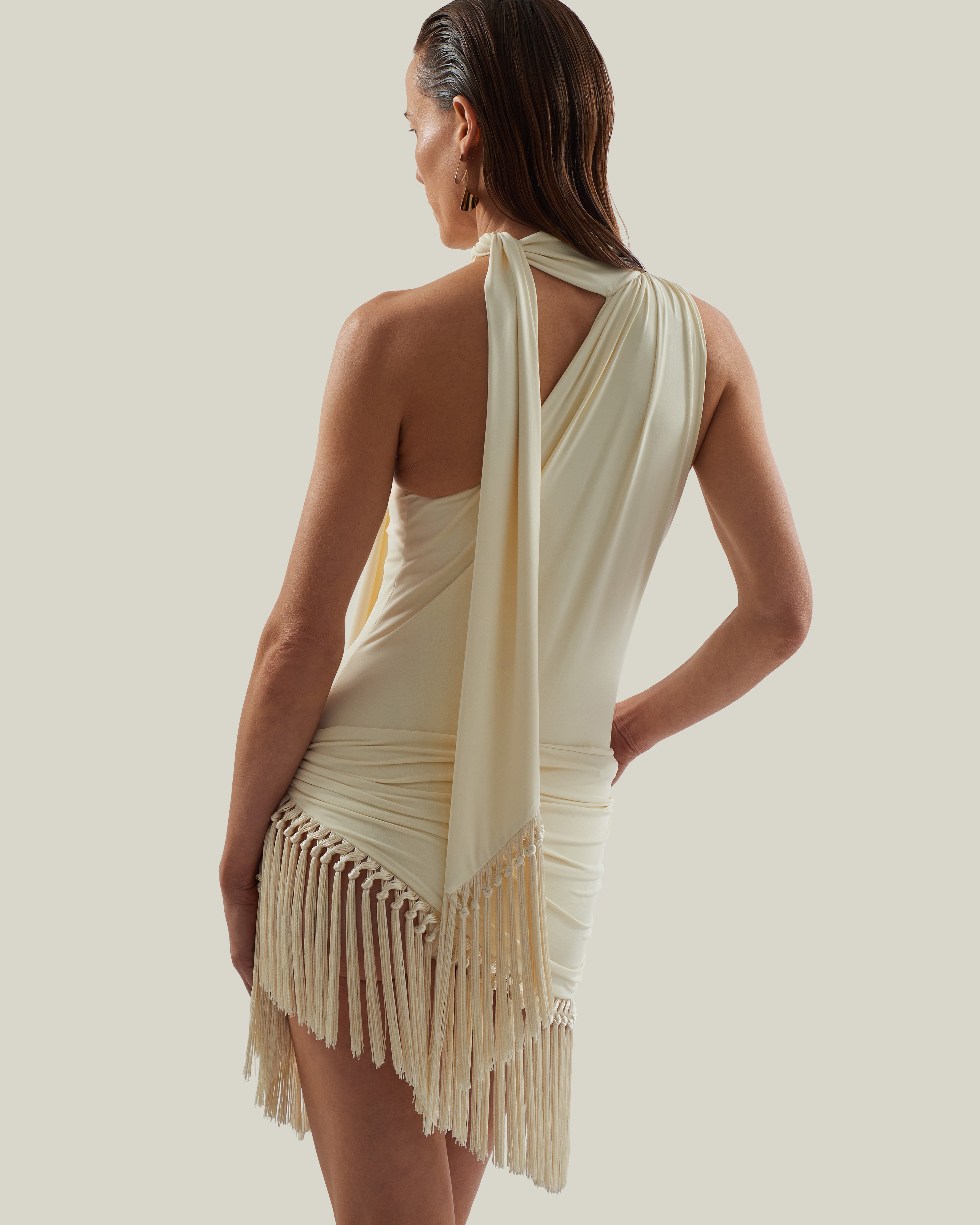 Siwa Swimsuit in Ivory - Gathered one shoulder swimsuit with scarf and dettached hand-tied fringe-trimmed mini pareo set