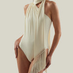 Siwa Swimsuit in Ivory - Gathered one shoulder swimsuit with scarf and dettached hand-tied fringe-trimmed mini pareo set
