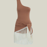 Yacare Swimsuit in Camel-Ivory - One shoulder swimsuit and dettached hand-tied fringed trimmed mini pareo set