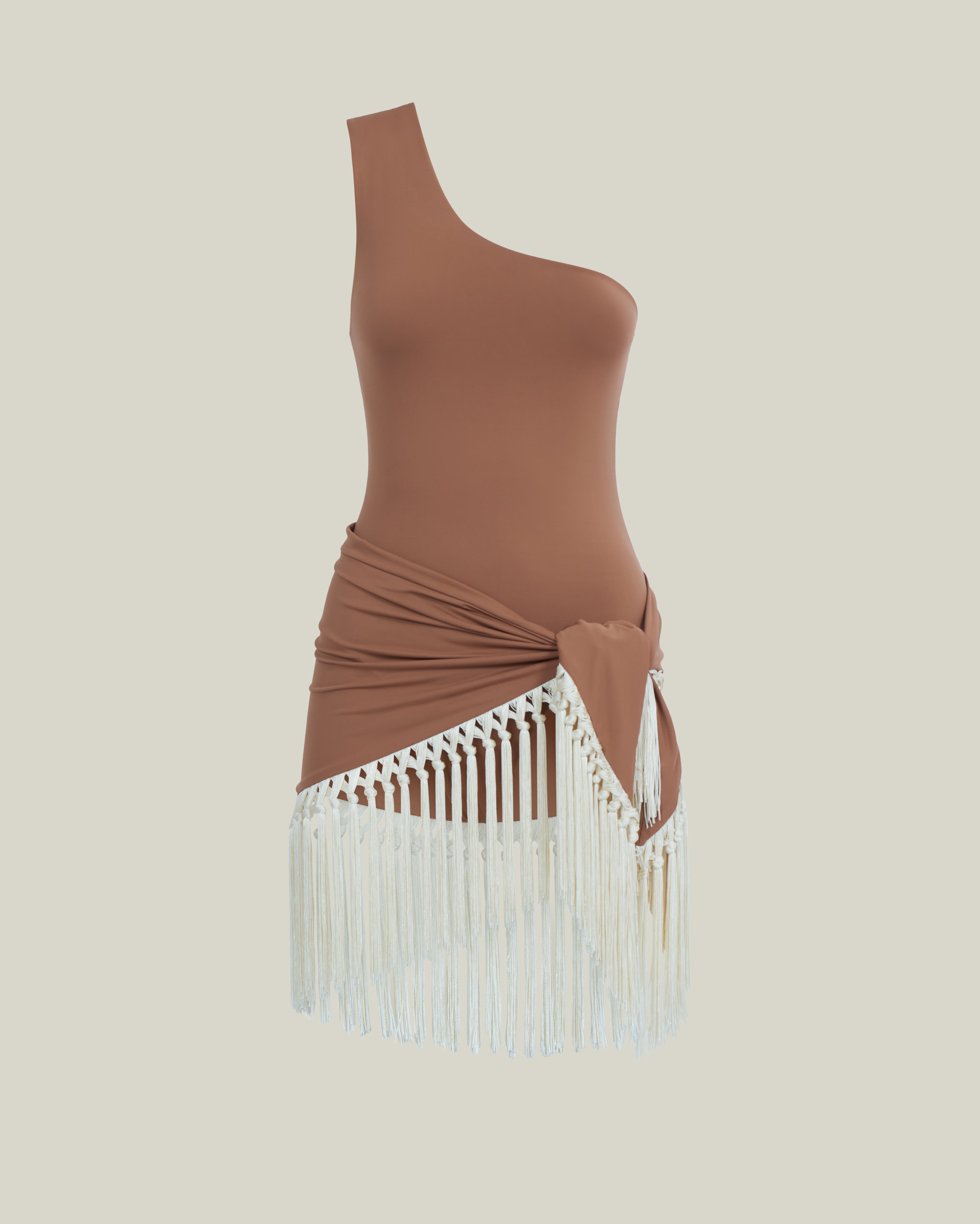 Yacare Swimsuit in Camel-Ivory - One shoulder swimsuit and dettached hand-tied fringed trimmed mini pareo set