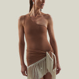 Yacare Swimsuit in Camel-Ivory - One shoulder swimsuit and dettached hand-tied fringed trimmed mini pareo set