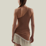 Yacare Swimsuit in Camel-Ivory - One shoulder swimsuit and dettached hand-tied fringed trimmed mini pareo set