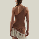 Yacare Swimsuit in Camel-Ivory - One shoulder swimsuit and dettached hand-tied fringed trimmed mini pareo set