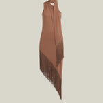 Siwa Dress in Camel - Lycra gathered one shoulder dress with scarf and asymmetrical hem 