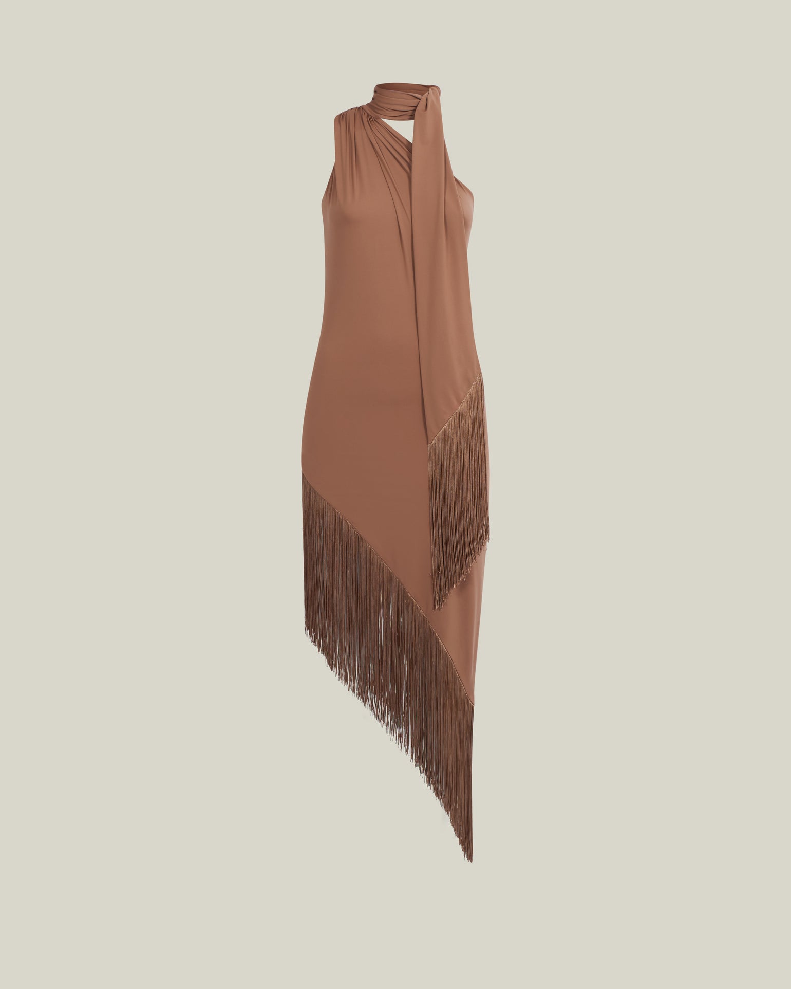 Siwa Dress in Camel - Lycra gathered one shoulder dress with scarf and asymmetrical hem 