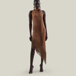 Siwa Dress in Camel - Lycra gathered one shoulder dress with scarf and asymmetrical hem 