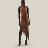 Siwa Dress in Camel - Lycra gathered one shoulder dress with scarf and asymmetrical hem 