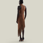 Siwa Dress in Camel - Lycra gathered one shoulder dress with scarf and asymmetrical hem 