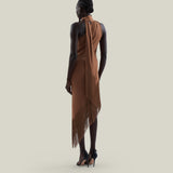 Siwa Dress in Camel - Lycra gathered one shoulder dress with scarf and asymmetrical hem 