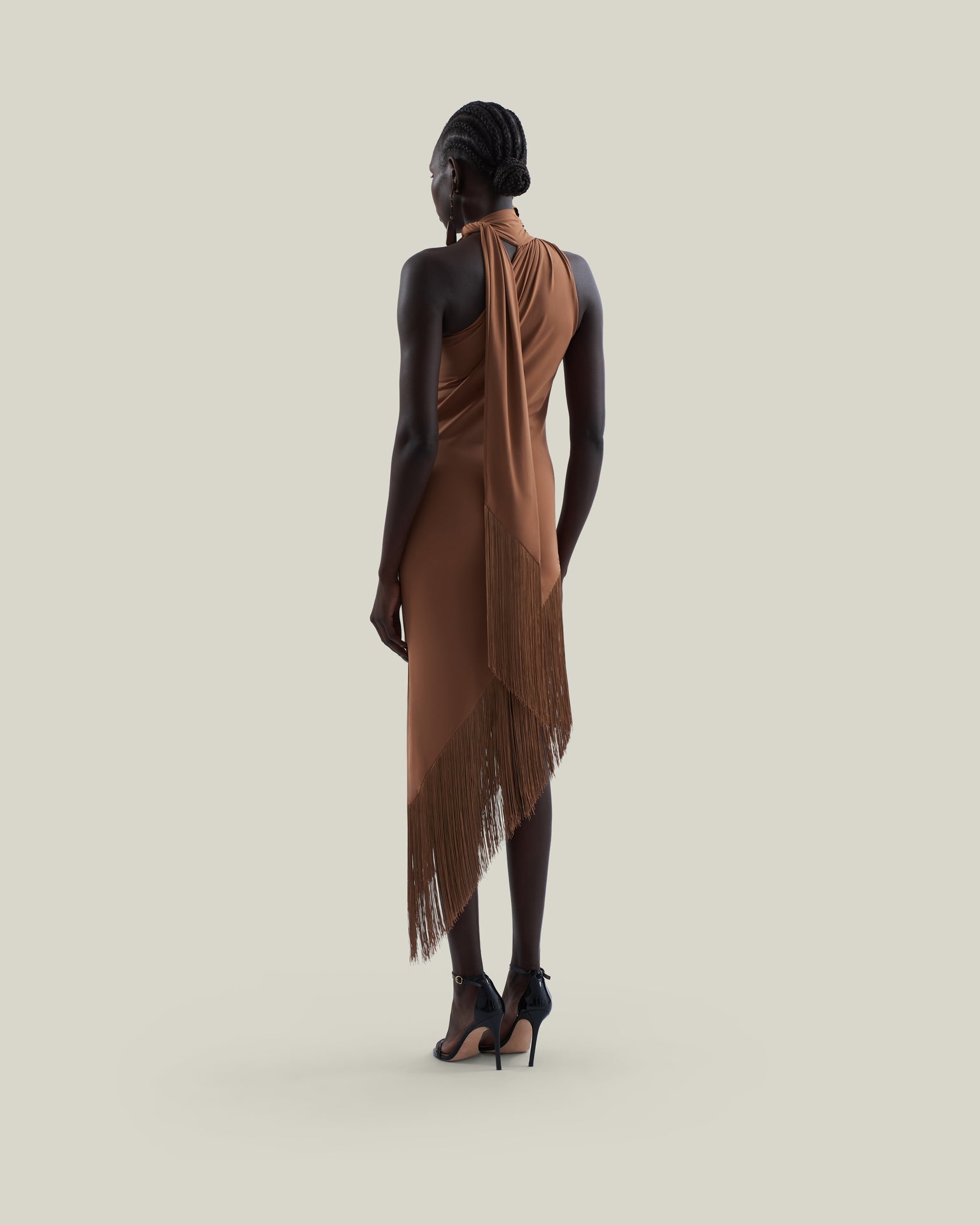 Siwa Dress in Camel - Lycra gathered one shoulder dress with scarf and asymmetrical hem 