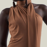 Siwa Dress in Camel - Lycra gathered one shoulder dress with scarf and asymmetrical hem 
