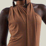 Siwa Dress in Camel - Lycra gathered one shoulder dress with scarf and asymmetrical hem 