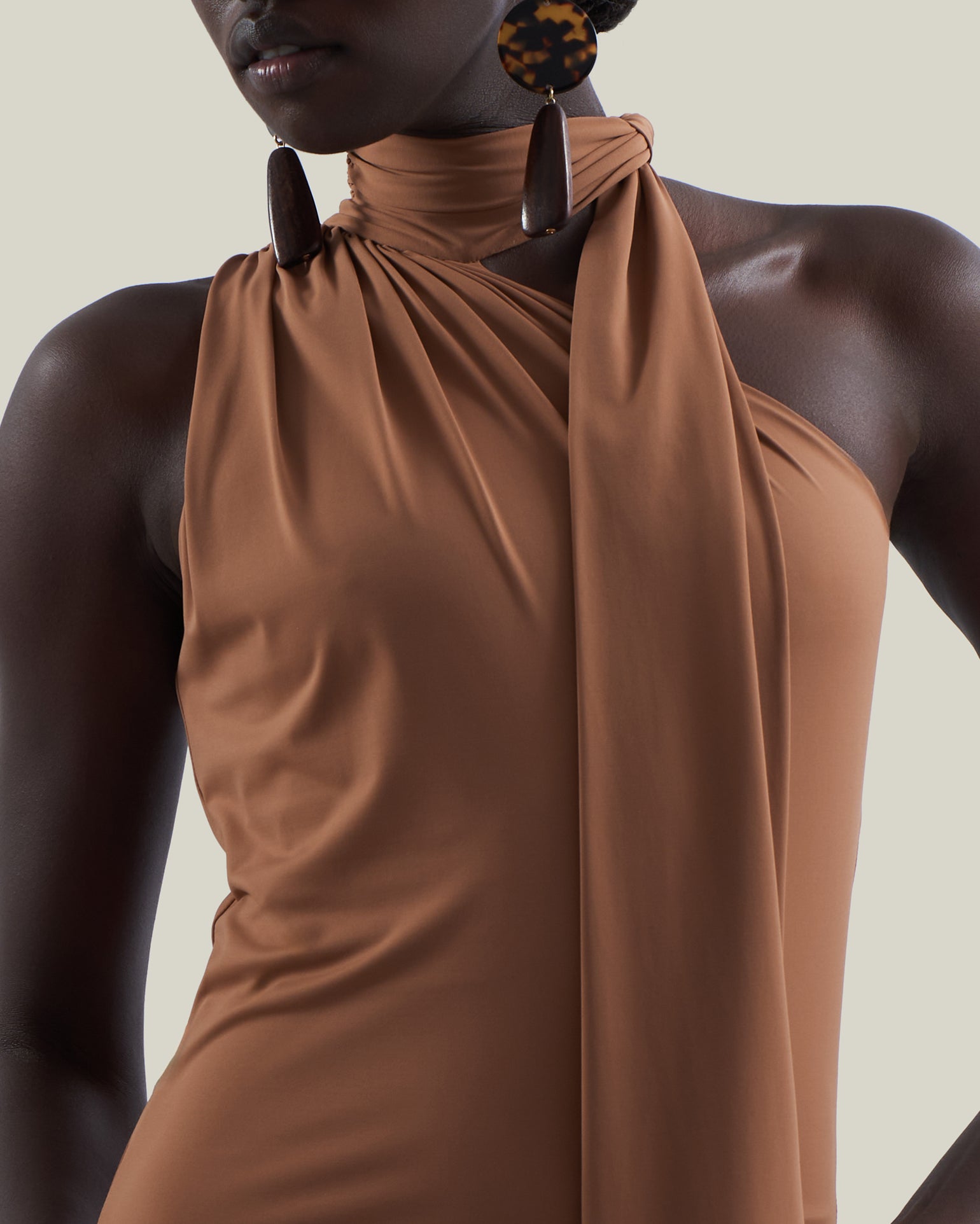 Siwa Dress in Camel - Lycra gathered one shoulder dress with scarf and asymmetrical hem 
